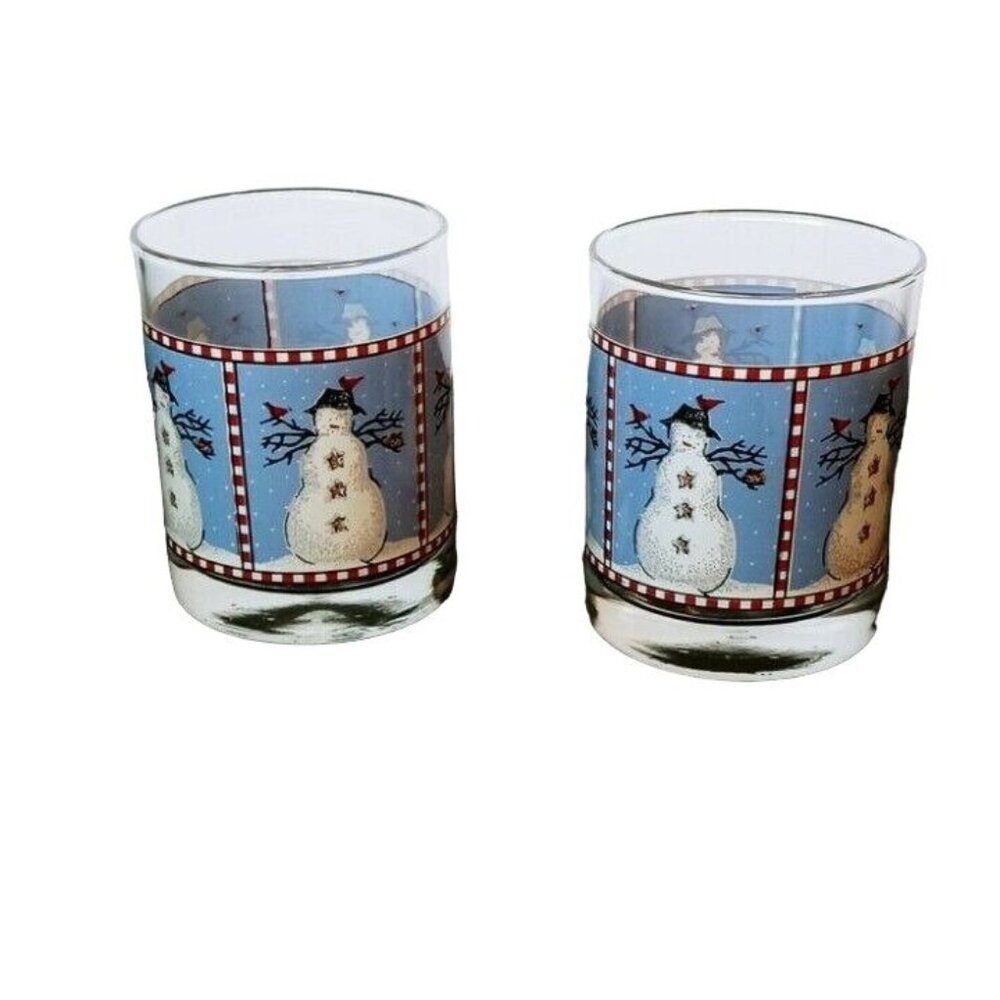 2x Anchor Hocking Debbie Mum Christmas Snowman Drinking Glasses 1998